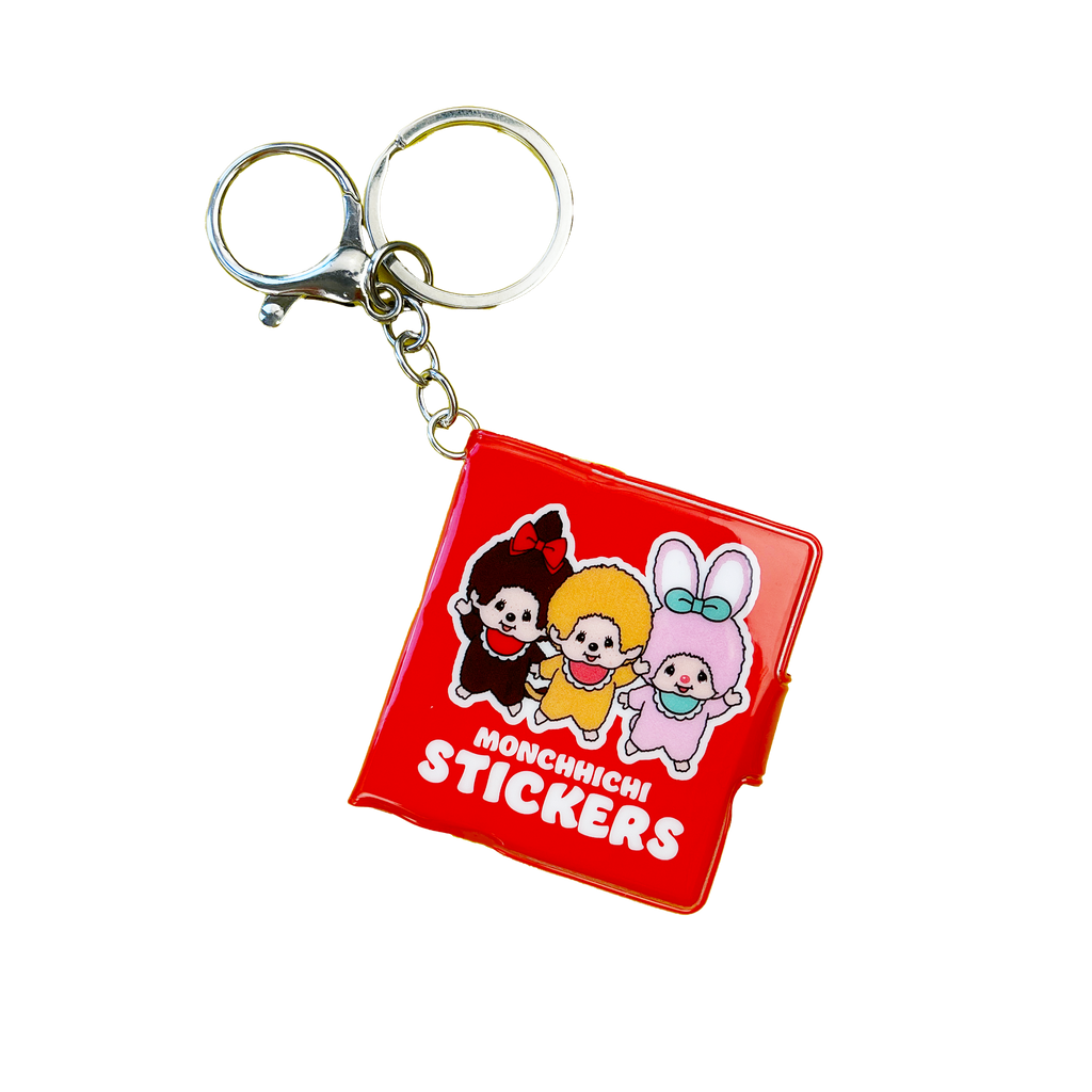 Monchhichi Stickers mini sticker book keychain isolated product shot — red cover with kawaii character art and silver keychain ring by Pipsticks
