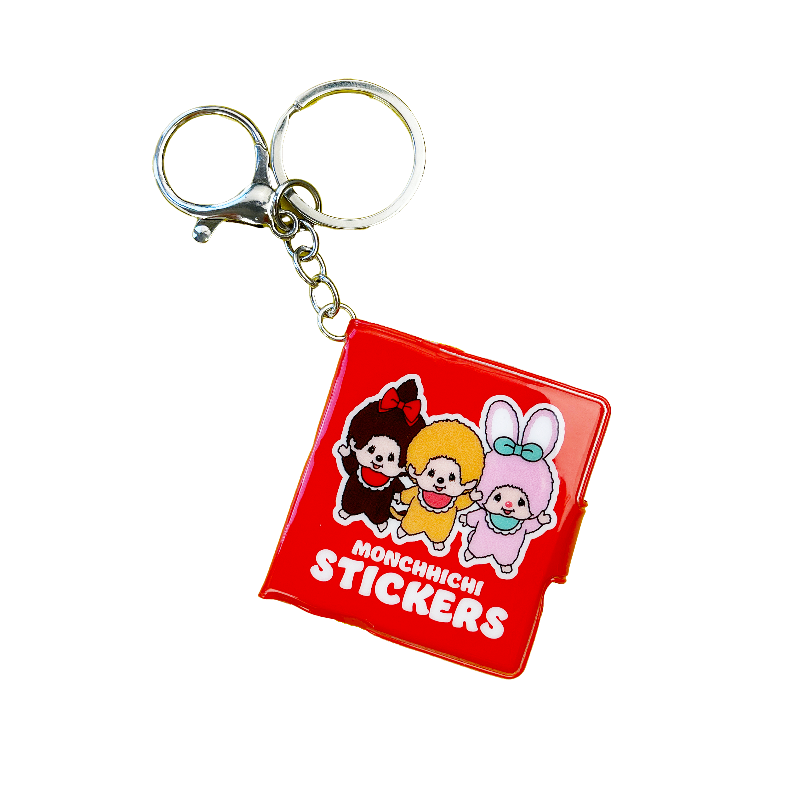 Monchhichi Stickers mini sticker book keychain isolated product shot — red cover with kawaii character art and silver keychain ring by Pipsticks