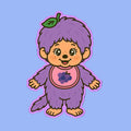 Cartoon character in a purple outfit with a green leaf on a black background