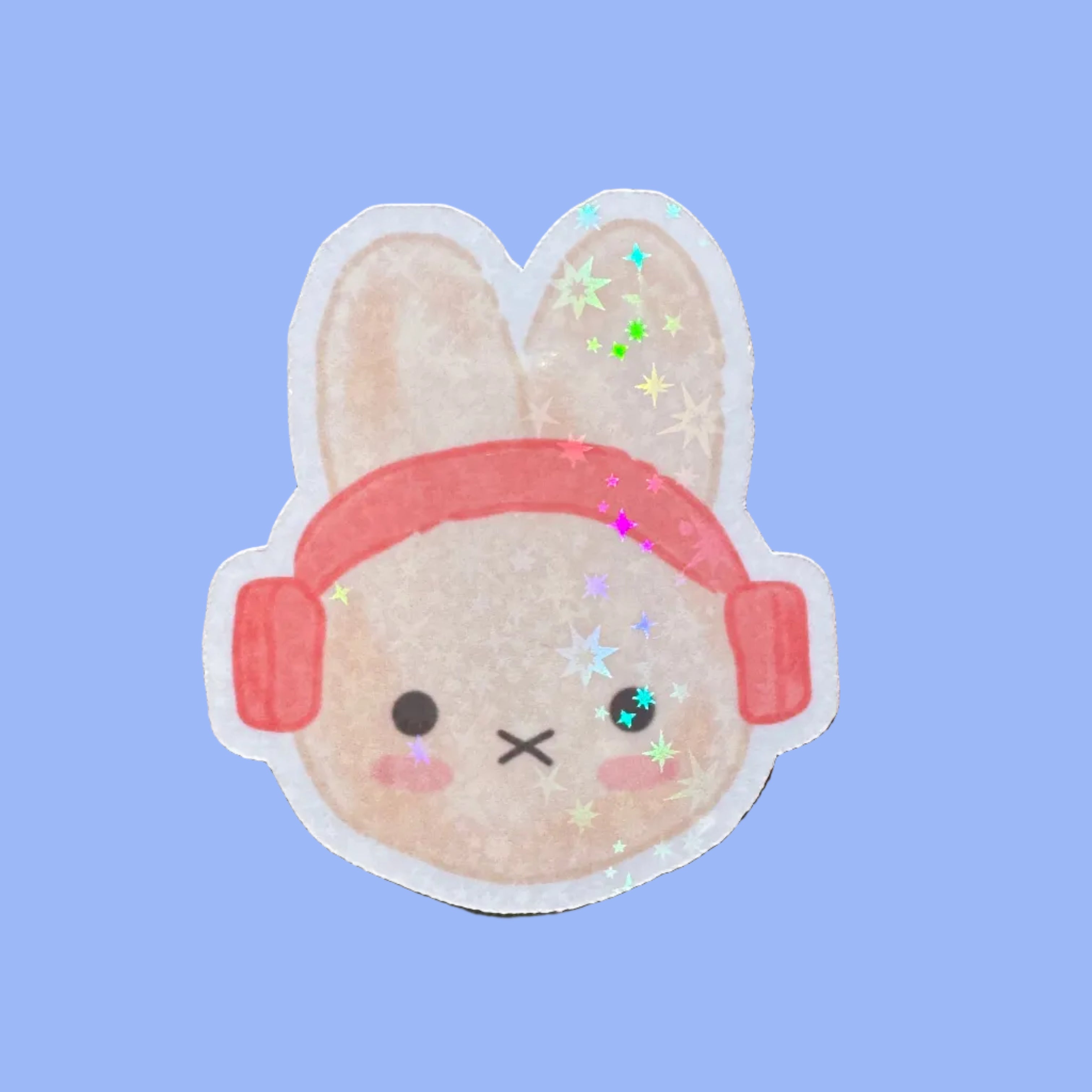 Sticker of a miffy character with a pink headband on a brown background