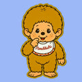 Biege Monchhichi character in a brown outfit with a white bib on a black background