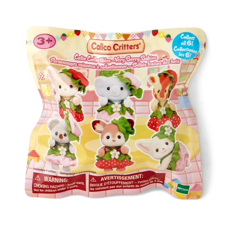 Calico Critters Very Berry Babies blind bag packaging showing 6 collectible strawberry-themed baby figures by Epoch, for ages 3+