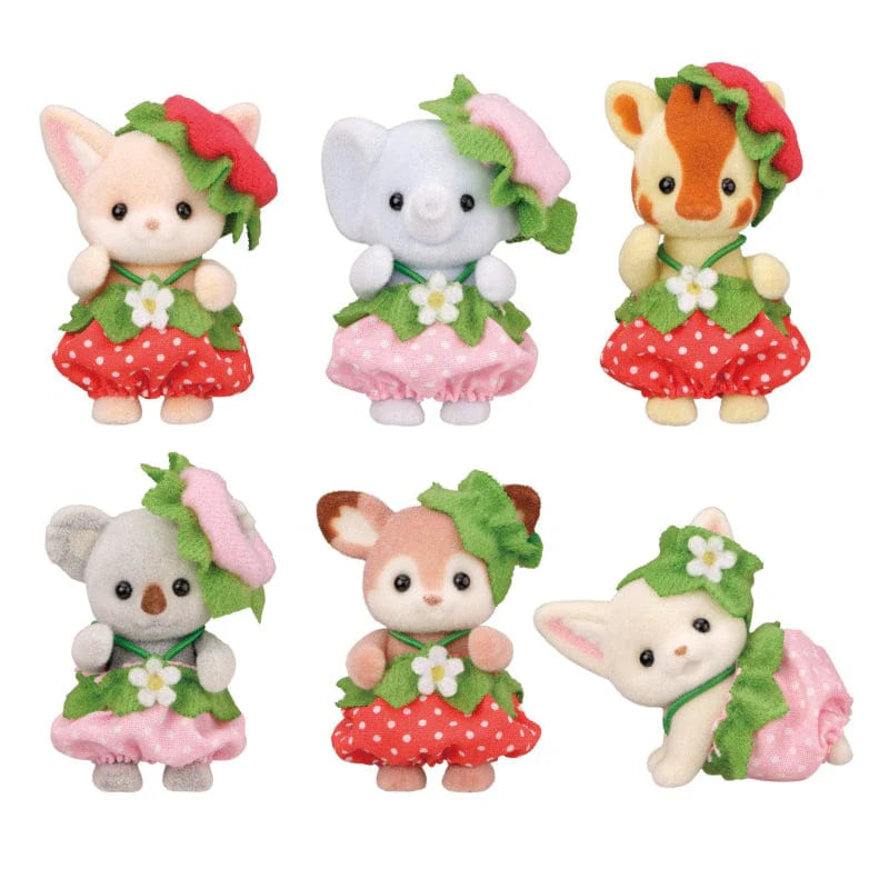 All 6 Calico Critters Very Berry Babies collectible figures - strawberry-themed animal characters from the blind bag surprise toy set by Epoch