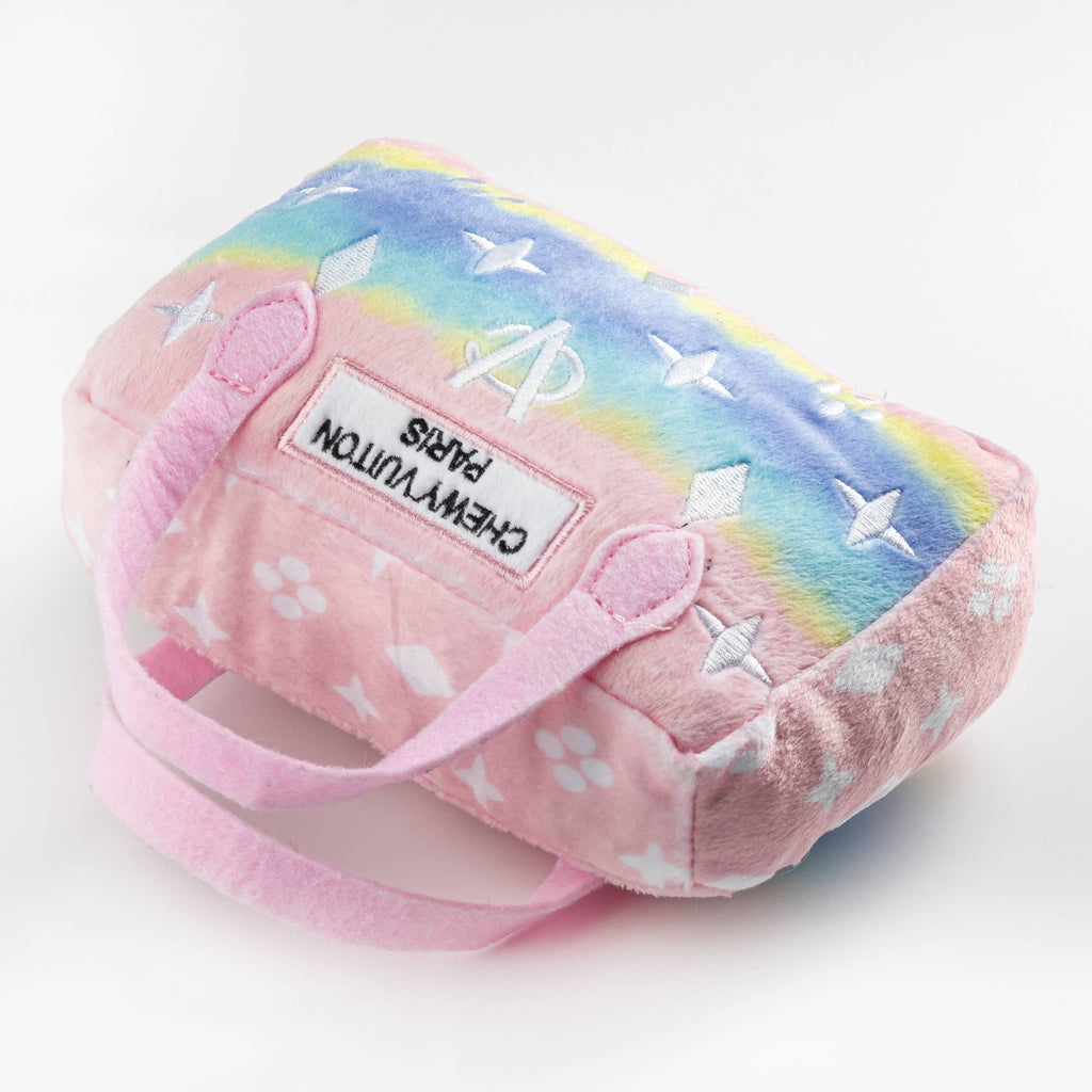 Pink Chewy Vuiton Designer Handbag Squeaker Dog Toy