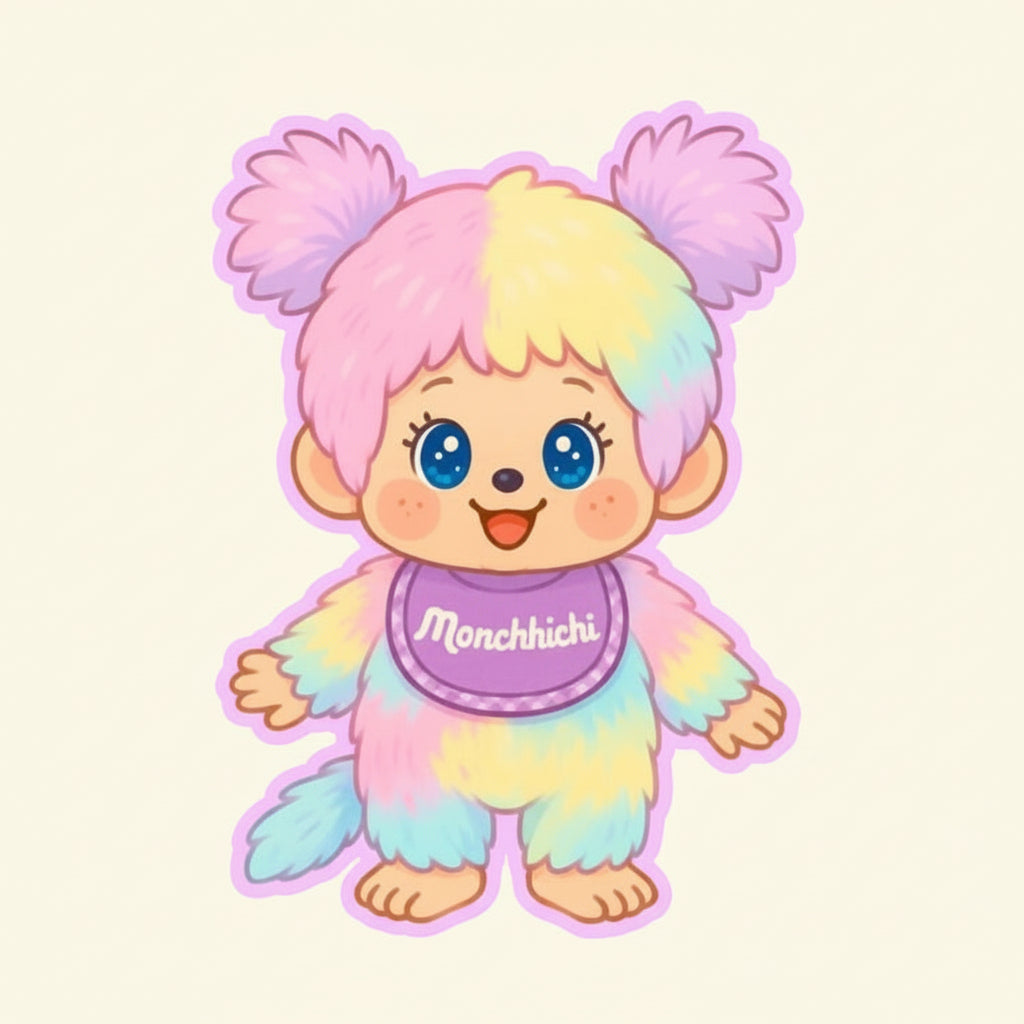 Colorful monchhichi tye die character with pink hair and rainbow outfit on a black background