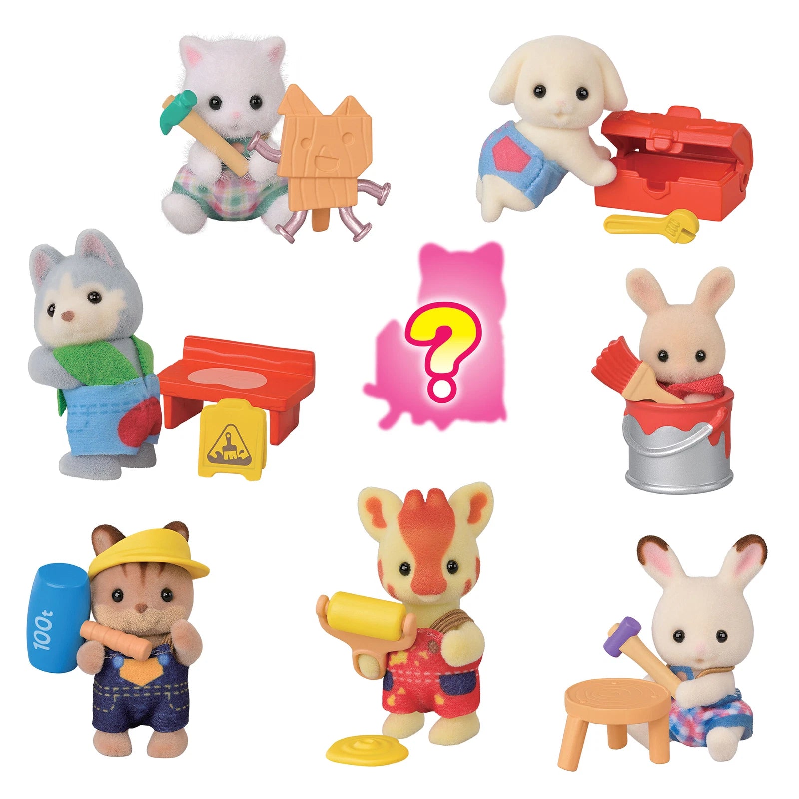 Sylvanian Families Baby Craft Fun Series Pack, close detail of baby figures in craft aprons with accessory pieces