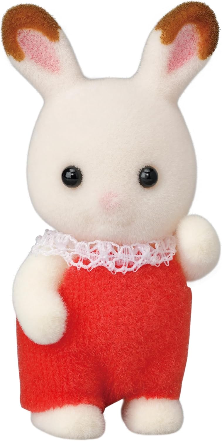Sylvanian Families Chocolate Rabbit Baby, close-up of figure detail and included accessory