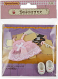 Sylvanian Families packaging with pink dress, shoes, and piano on a checkered background